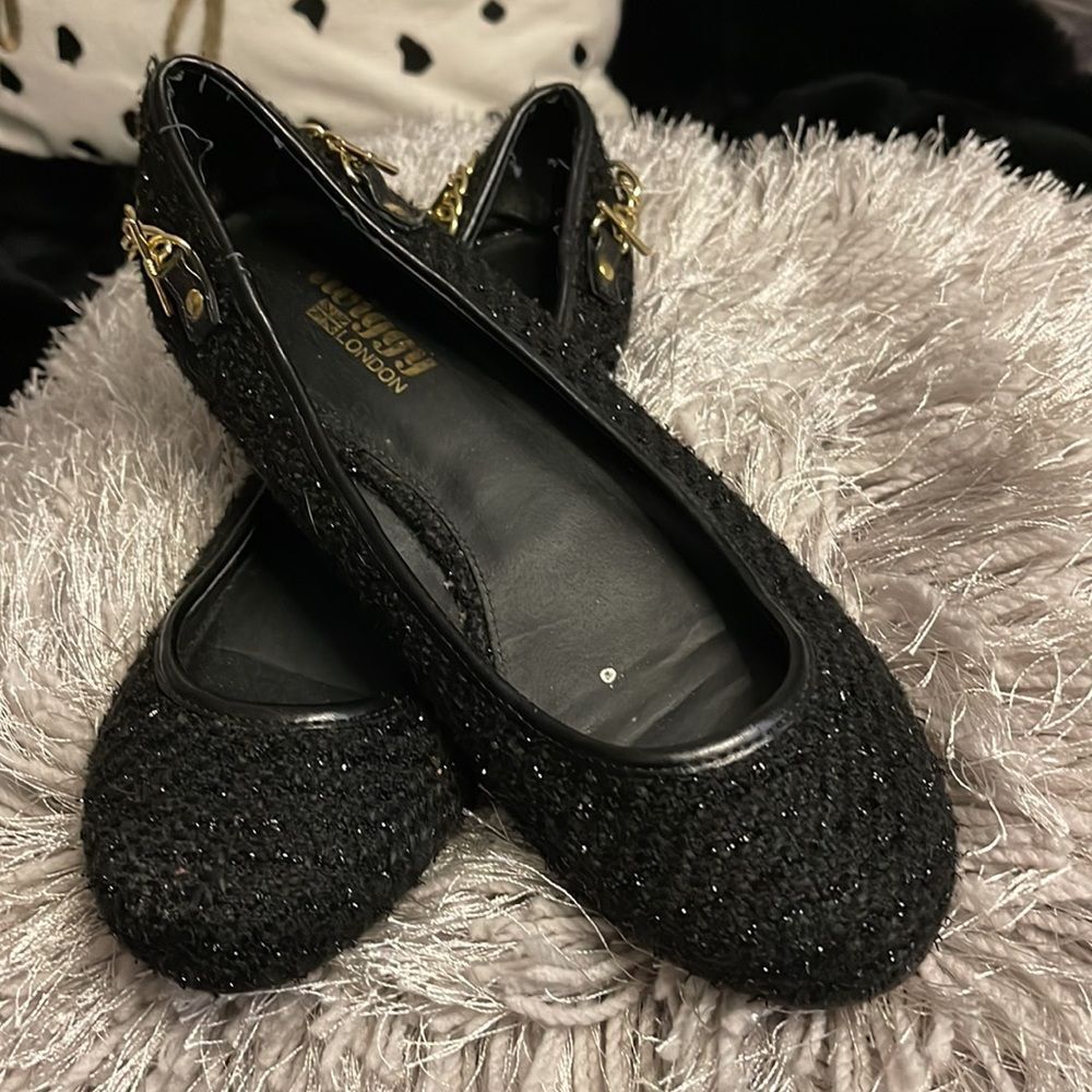 Twiggy London black metallic silver thread tweed gold chain flats/shoe// heels 9